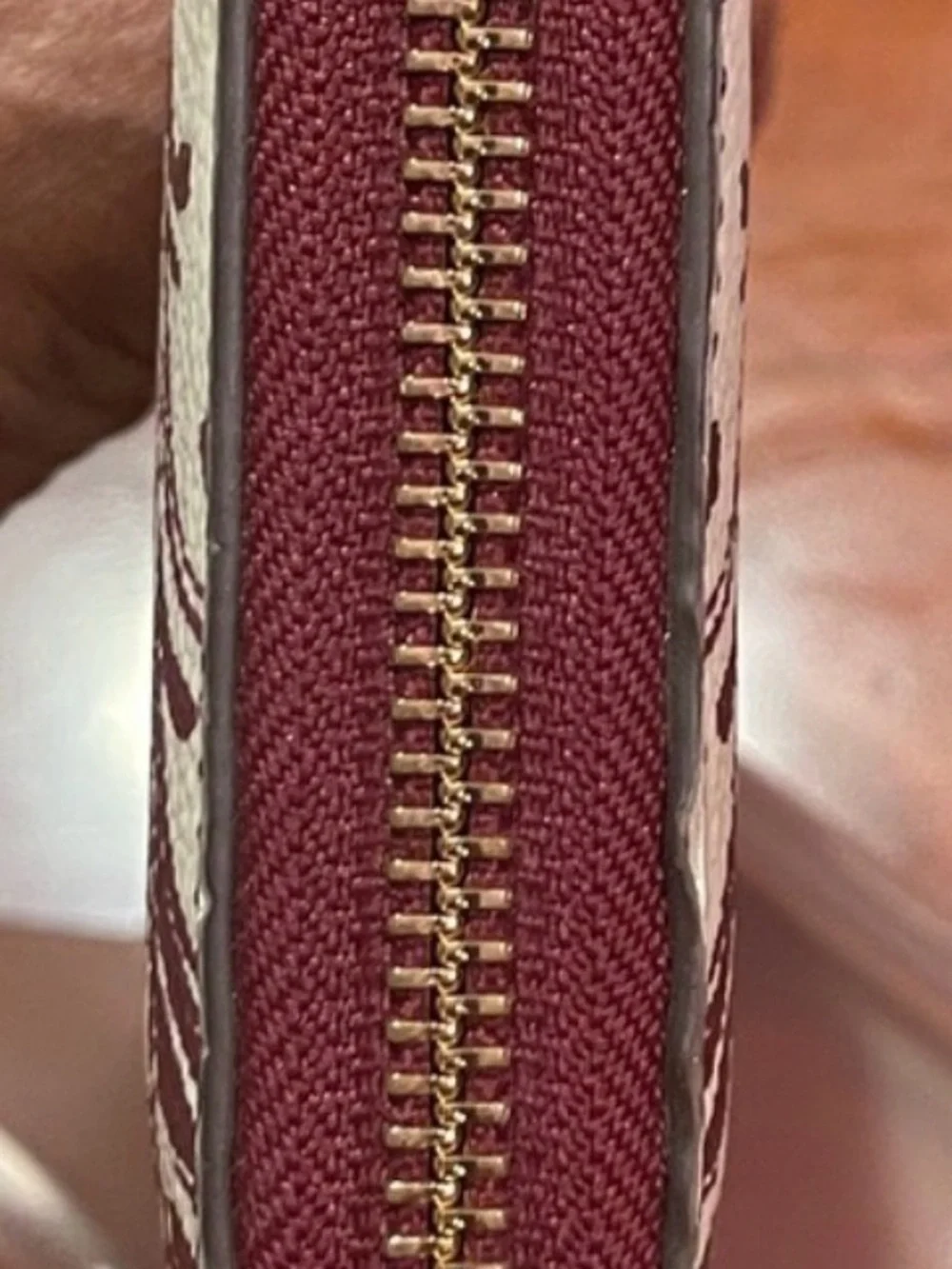 Tory Burch Cream and Maroon Printed Zip Wallet with Gold Logo